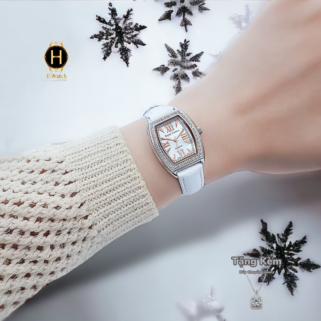 Đồng Hồ Nữ Royal Crown Quartz 3635 Dây Da Trắng Mặt Trắng Viền Đá