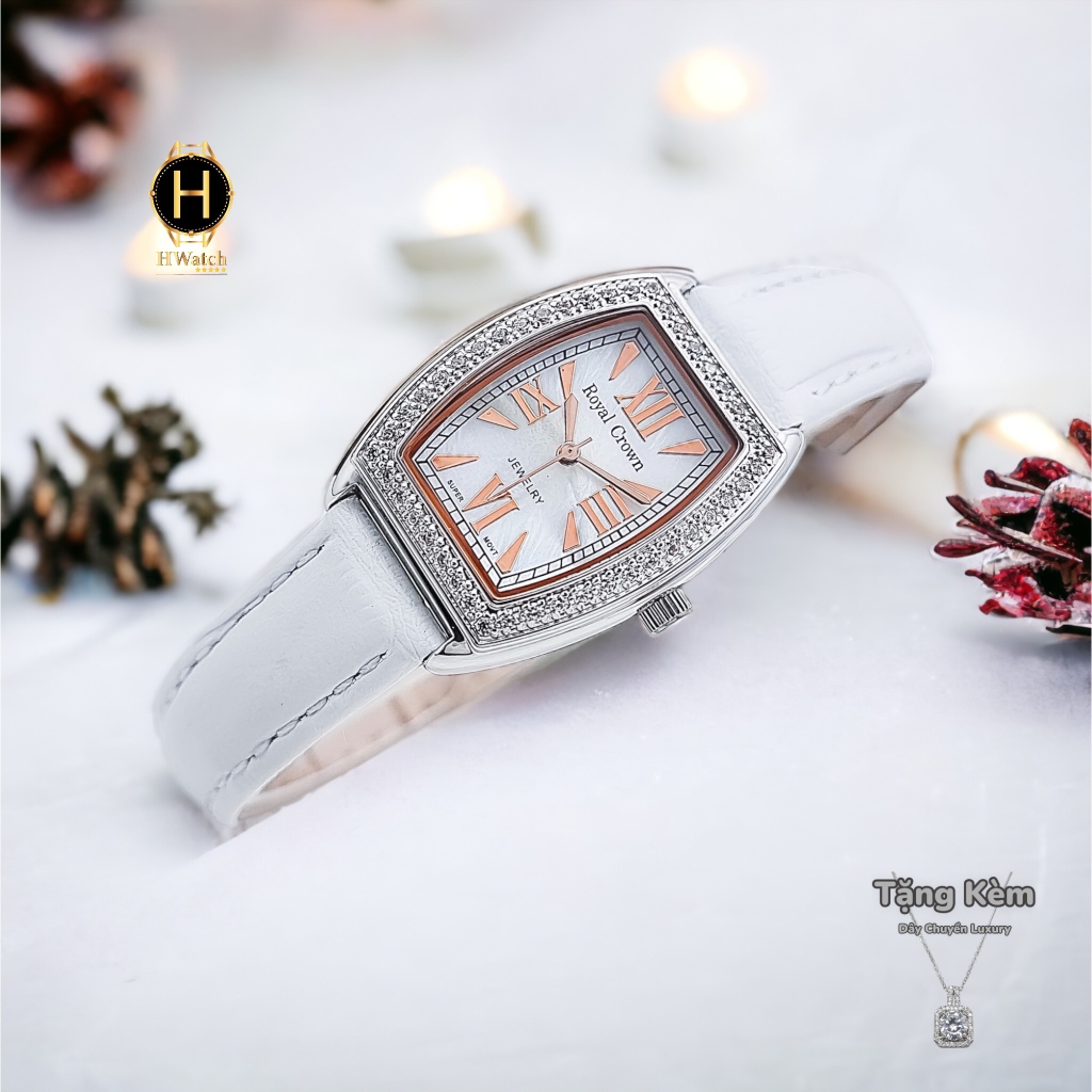 Đồng Hồ Nữ Royal Crown Quartz 3635 Dây Da Trắng Mặt Trắng Viền Đá