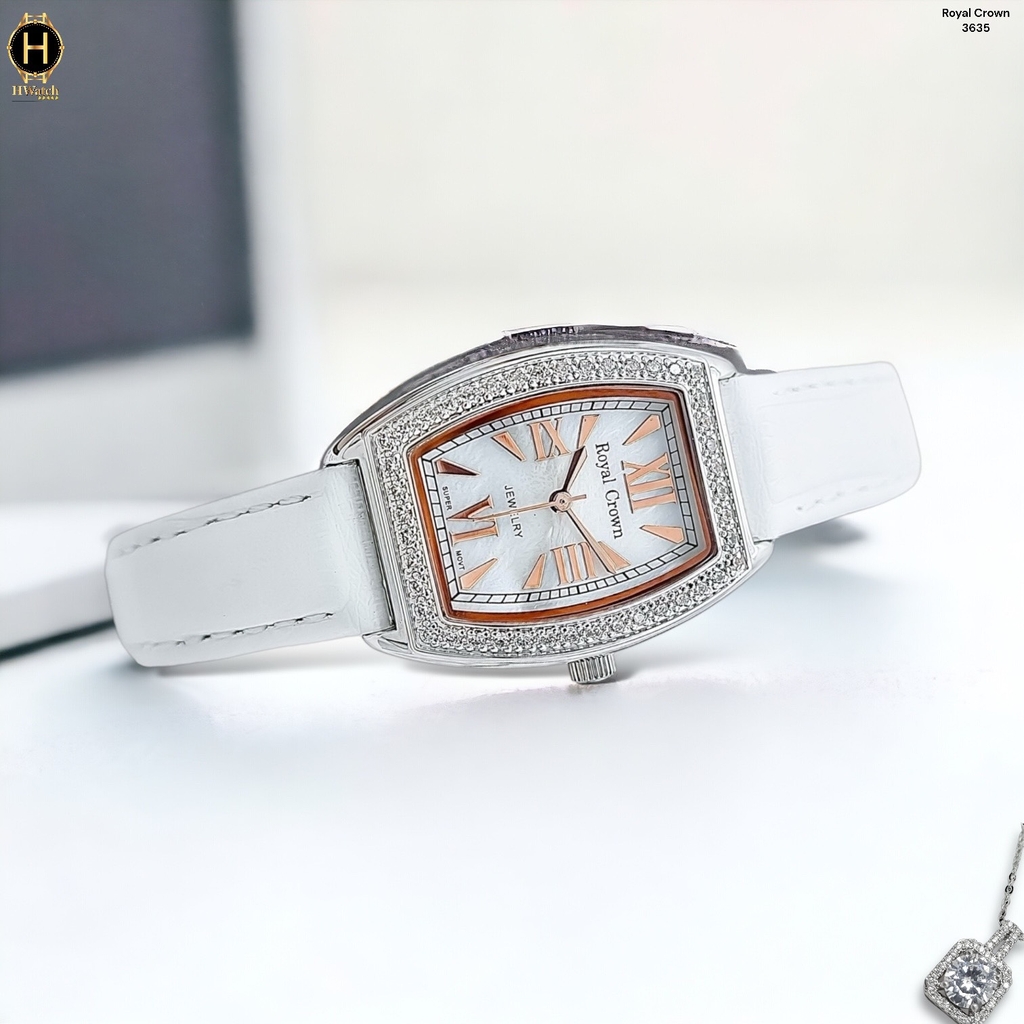Đồng Hồ Nữ Royal Crown Quartz 3635 Dây Da Trắng Mặt Trắng Viền Đá