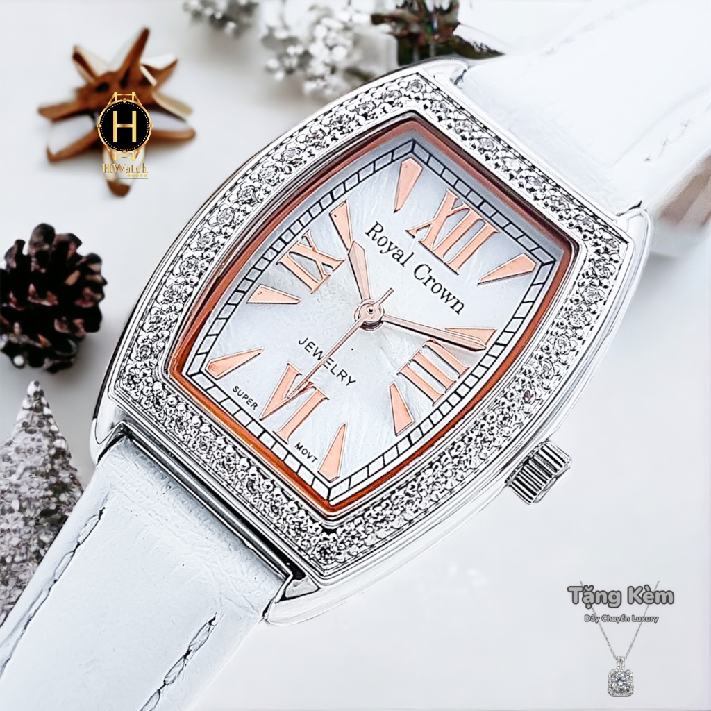 Đồng Hồ Nữ Royal Crown Quartz 3635 Dây Da Trắng Mặt Trắng Viền Đá