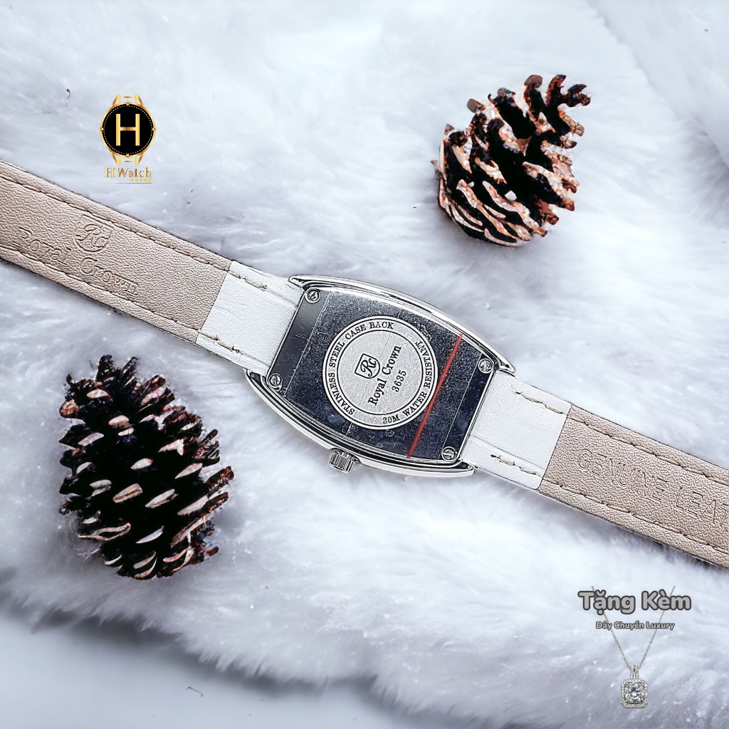 Đồng Hồ Nữ Royal Crown Quartz 3635 Dây Da Trắng Mặt Trắng Viền Đá