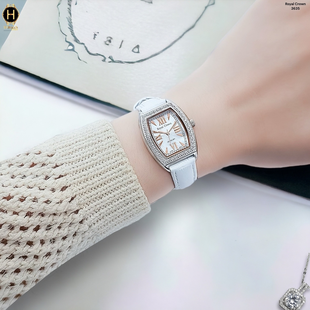 Đồng Hồ Nữ Royal Crown Quartz 3635 Dây Da Trắng Mặt Trắng Viền Đá