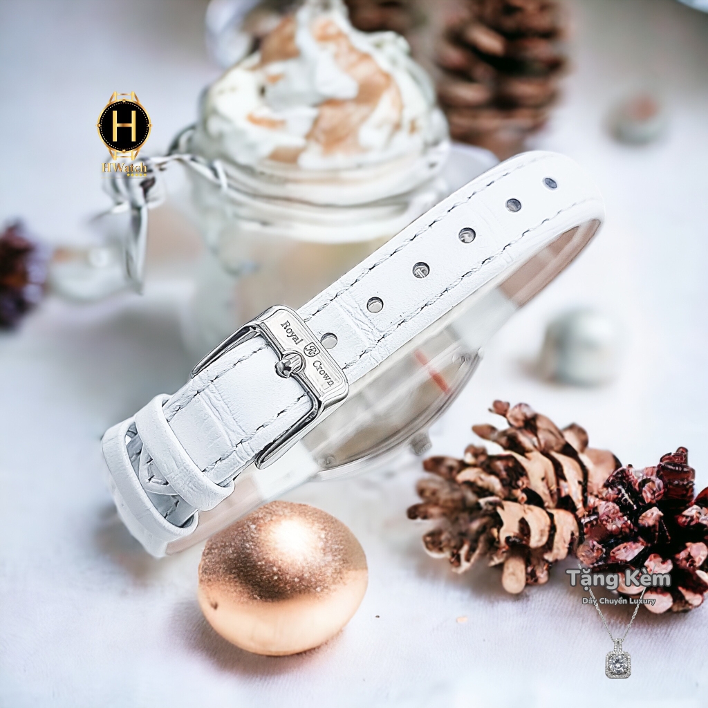 Đồng Hồ Nữ Royal Crown Quartz 3635 Dây Da Trắng Mặt Trắng Viền Đá