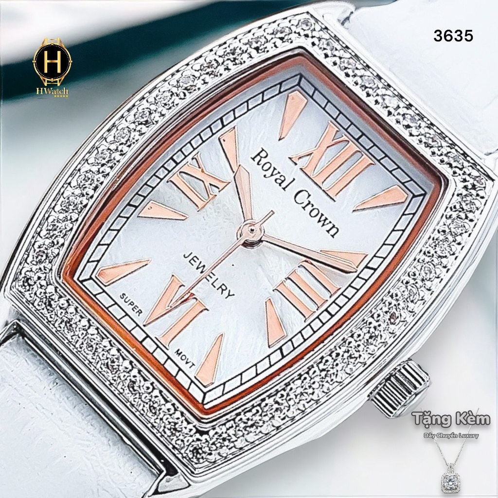 Đồng Hồ Nữ Royal Crown Quartz 3635 Dây Da Trắng Mặt Trắng Viền Đá