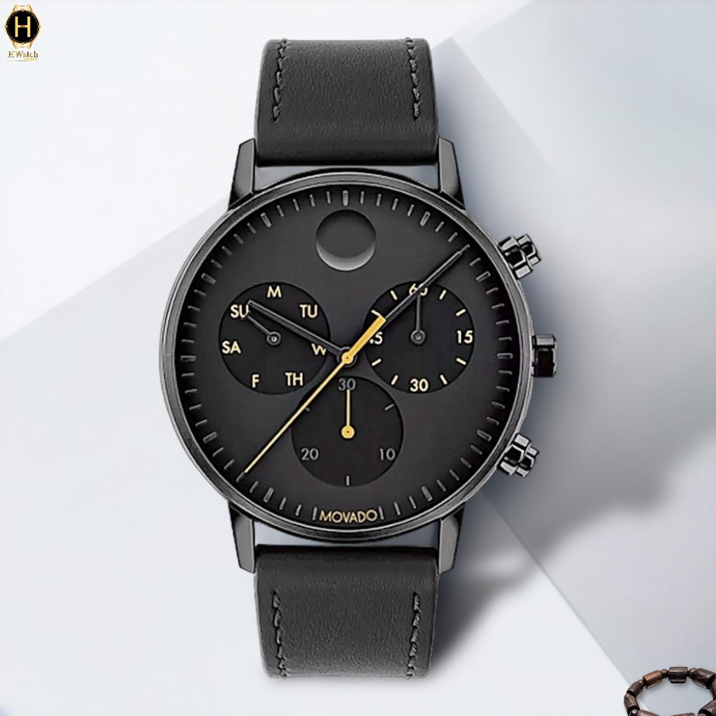 Đồng Hồ Nam Movado Quartz Chronograph Face 3640039 Dây Da Đen Mặt Đen