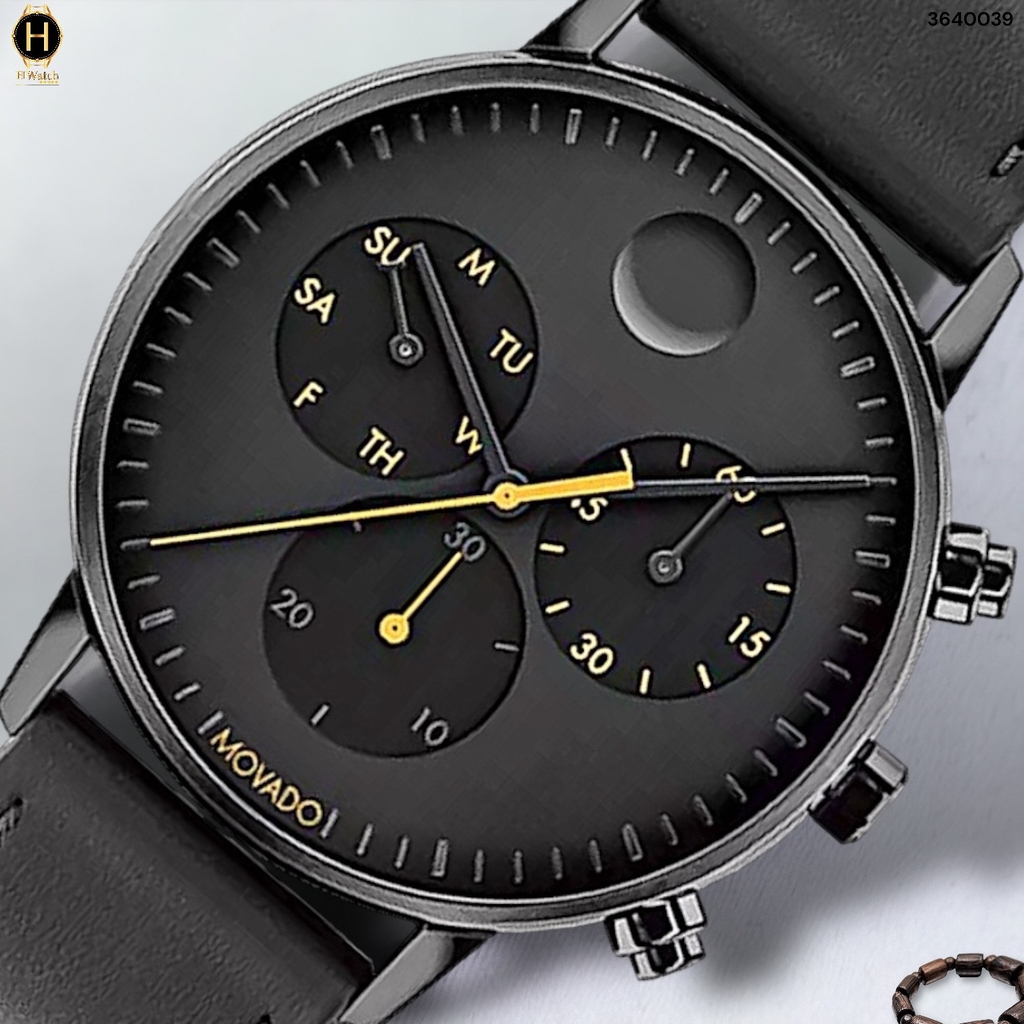 Đồng Hồ Nam Movado Quartz Chronograph Face 3640039 Dây Da Đen Mặt Đen