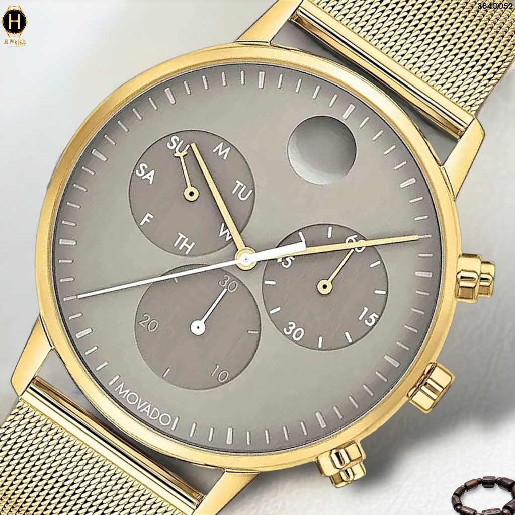 Đồng Hồ Nam Movado Quartz Chronograph 3640052 Golden MeshBracelet Dây Thép Lưới Vàng Mặt Vàng