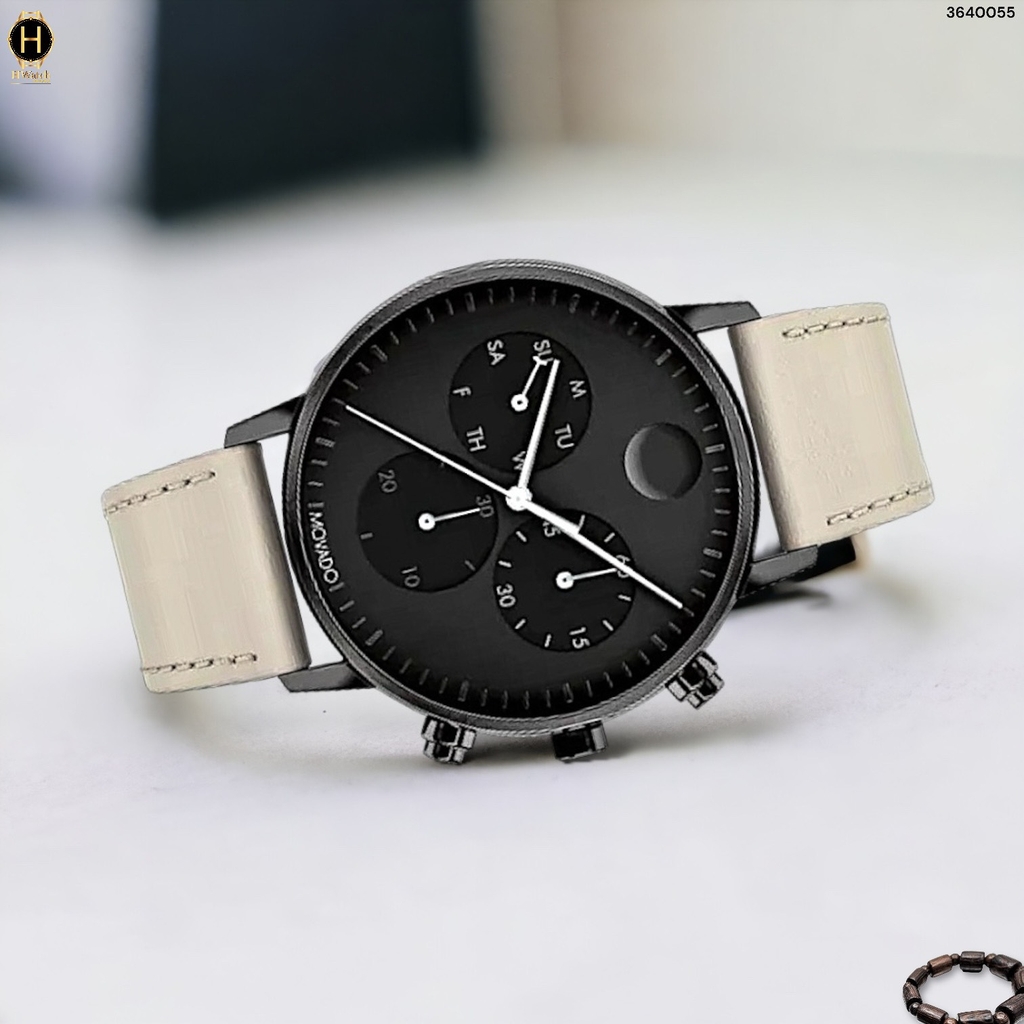 Đồng Hồ Nam Movado Quartz Chronograph 3640055 Face Dây Da Trắng Mặt Đen