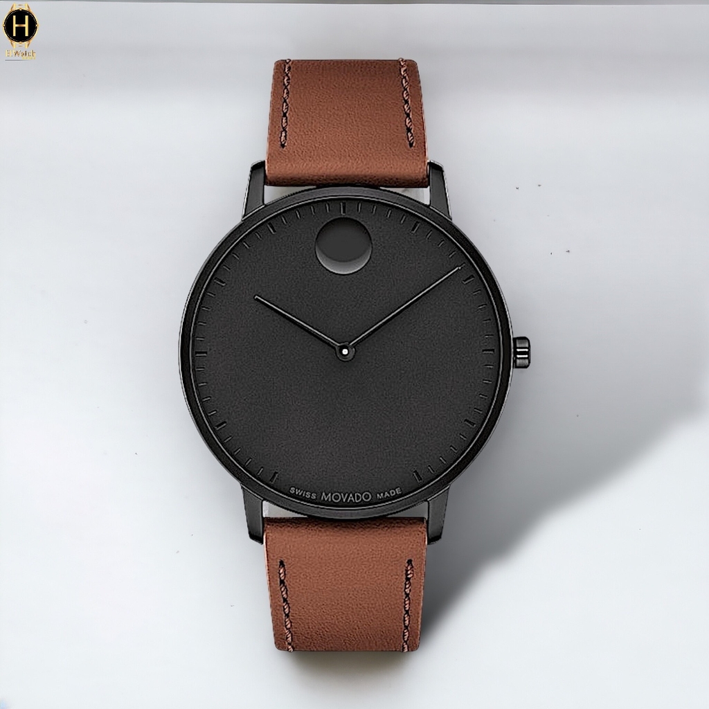 Đồng Hồ Nam Movado Quartz 3640068 Face Dây Da Nâu Mặt Đen