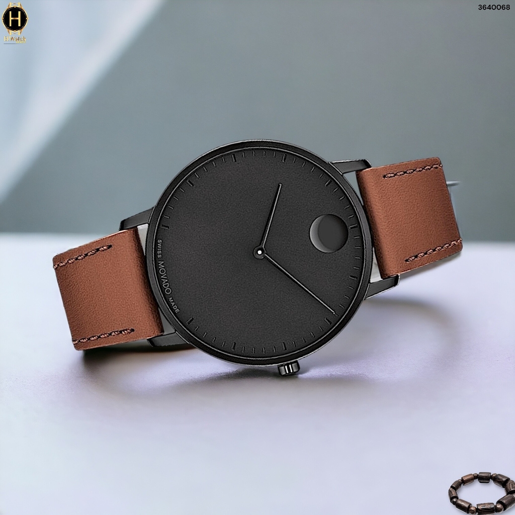 Đồng Hồ Nam Movado Quartz 3640068 Face Dây Da Nâu Mặt Đen
