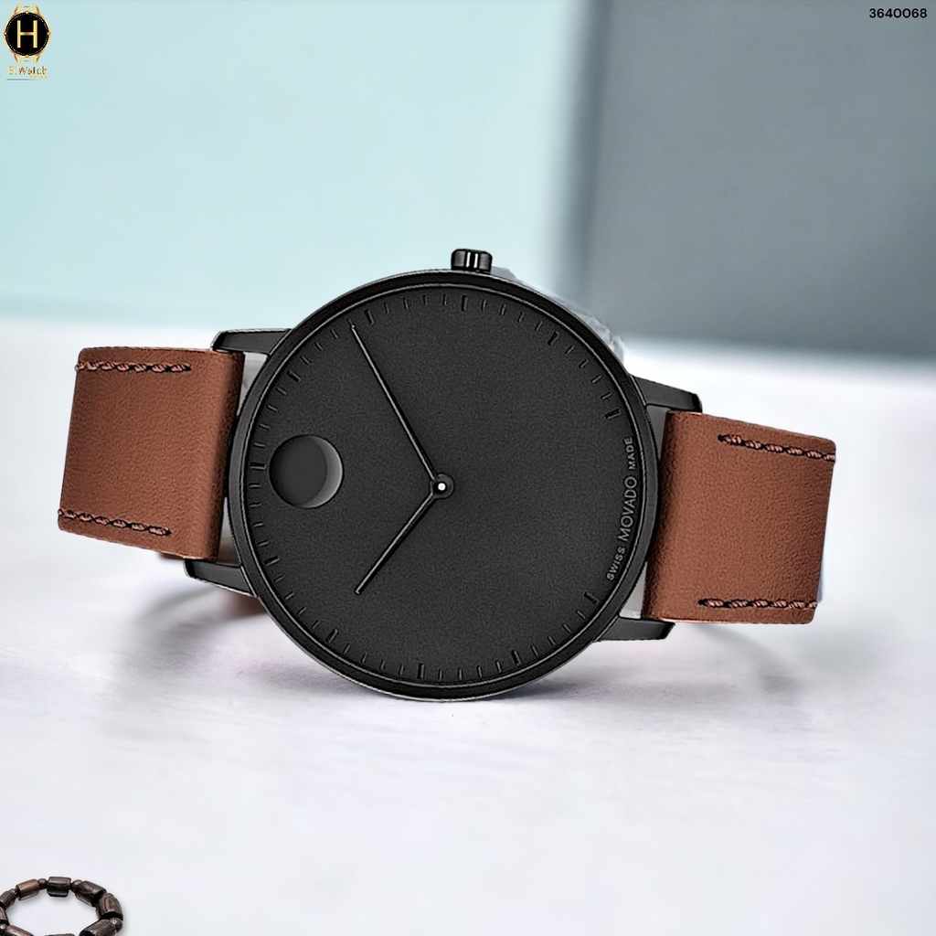 Đồng Hồ Nam Movado Quartz 3640068 Face Dây Da Nâu Mặt Đen