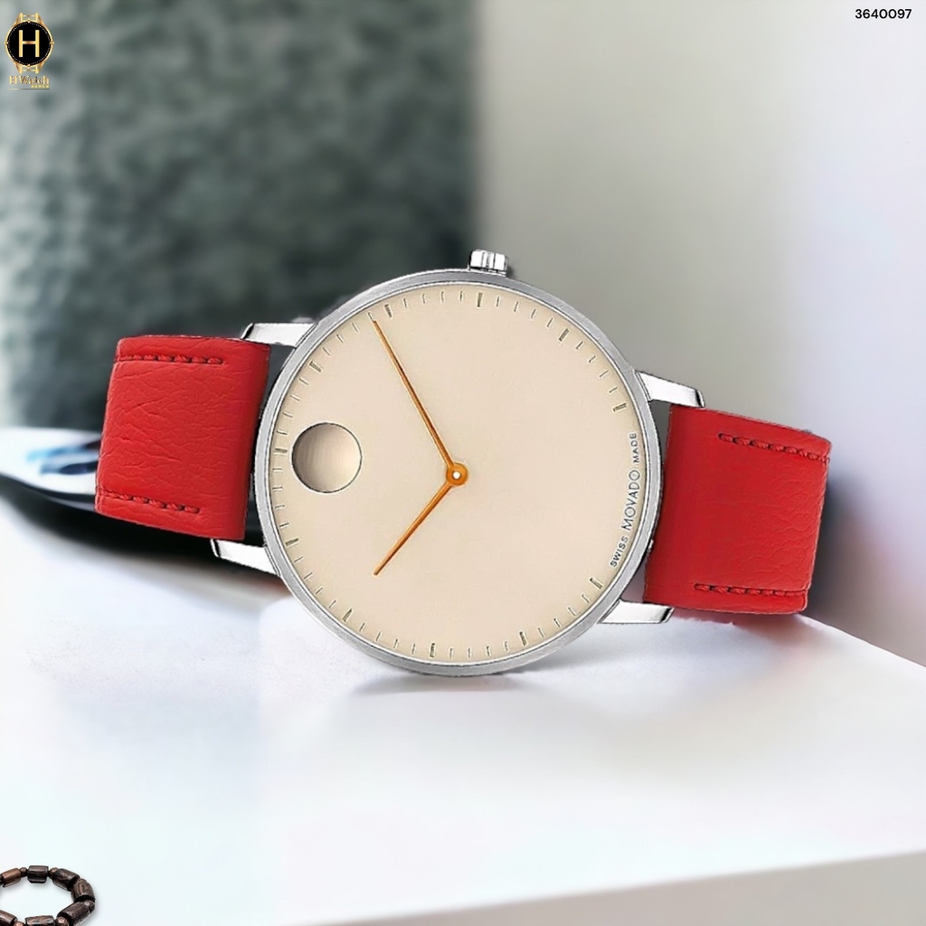 Đồng Hồ Nam Movado Quartz Face 3640097 Dây Da Đỏ Mặt Beige