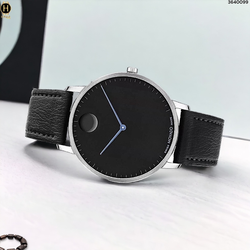 Đồng Hồ Unisex Movado Quartz Face 3640099 Dây Da Đen Mặt Đen Kim Xanh