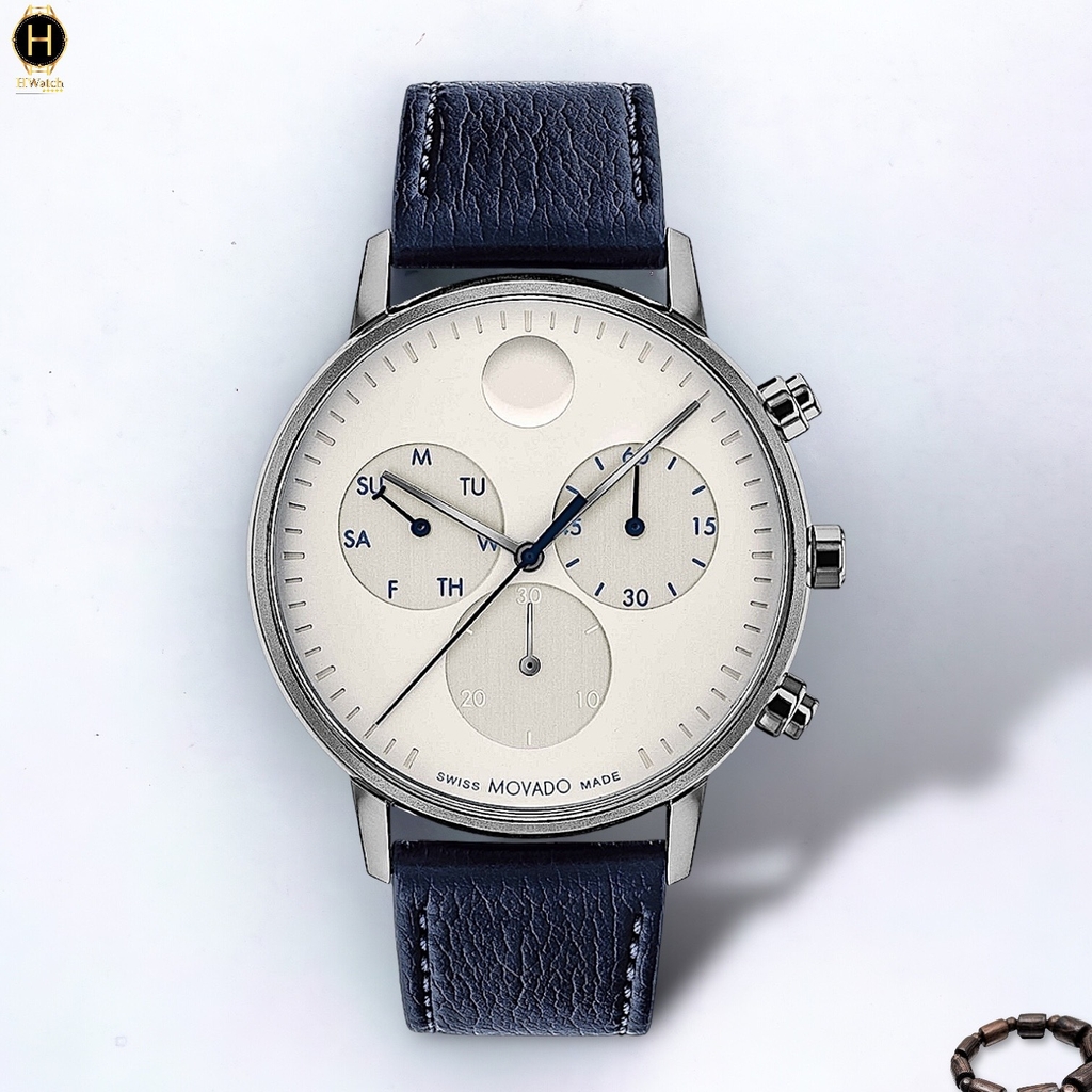 Đồng Hồ Nam Movado Quartz Chronograph 3640103 Face Dây Da Xanh Lam Mặt Trắng