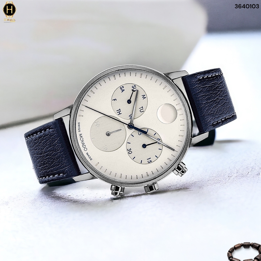 Đồng Hồ Nam Movado Quartz Chronograph 3640103 Face Dây Da Xanh Lam Mặt Trắng