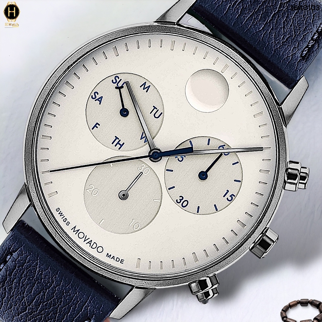 Đồng Hồ Nam Movado Quartz Chronograph 3640103 Face Dây Da Xanh Lam Mặt Trắng