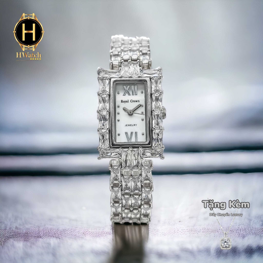 Đồng Hồ Nữ Royal Quartz 3793 Dây Thép Trắng Mặt Trắng Viền Đá