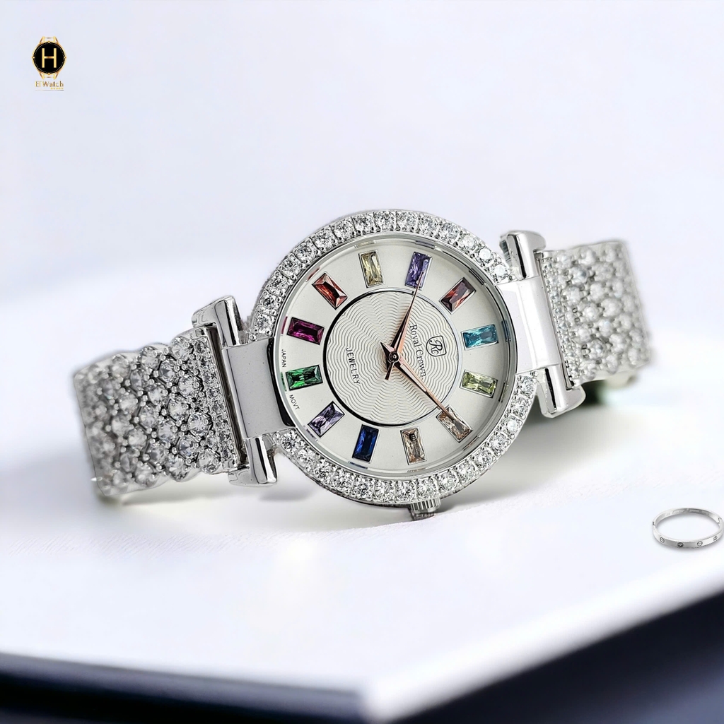 Đồng Hồ Nữ Royal Pin 4604 Dây Thép Trắng Mặt Trắng Viền Đá