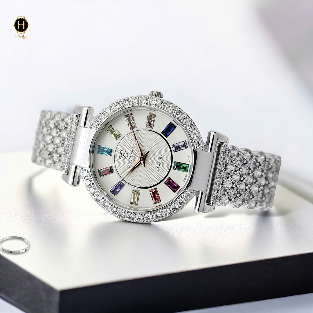 Đồng Hồ Nữ Royal Pin 4604 Dây Thép Trắng Mặt Trắng Viền Đá