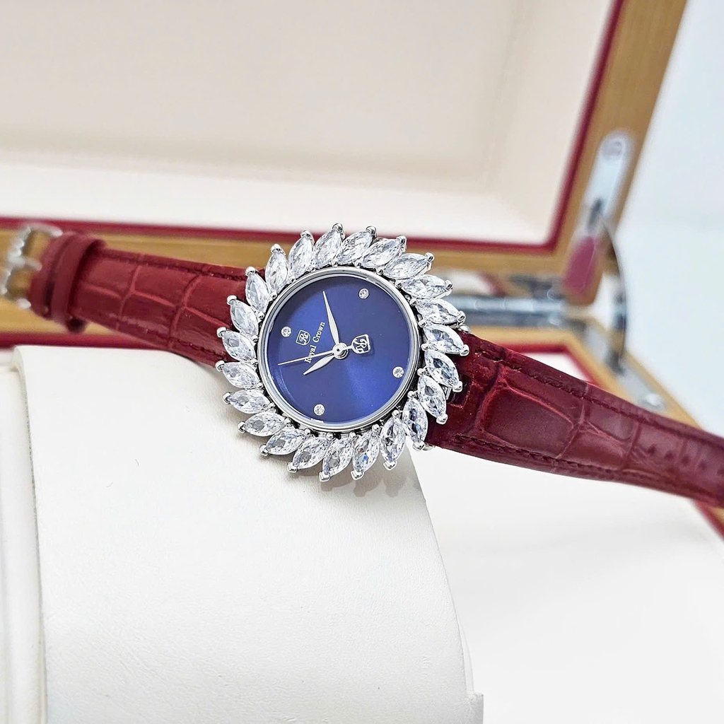 Đồng Hồ Nữ Royal Quartz 4652 Dây Da Vỏ Trắng Mặt Xanh Viền Đá