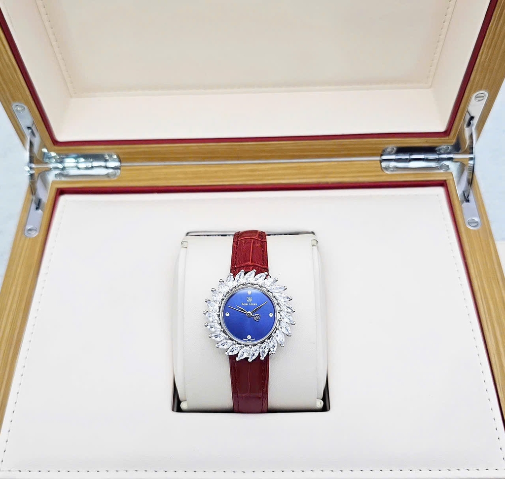 Đồng Hồ Nữ Royal Quartz 4652 Dây Da Vỏ Trắng Mặt Xanh Viền Đá