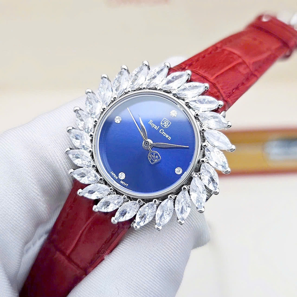 Đồng Hồ Nữ Royal Quartz 4652 Dây Da Vỏ Trắng Mặt Xanh Viền Đá