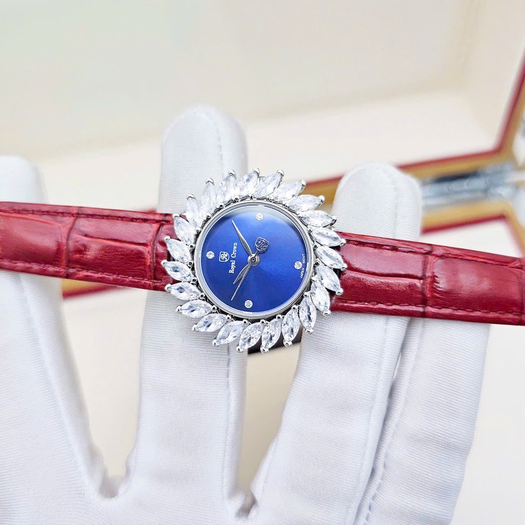 Đồng Hồ Nữ Royal Quartz 4652 Dây Da Vỏ Trắng Mặt Xanh Viền Đá