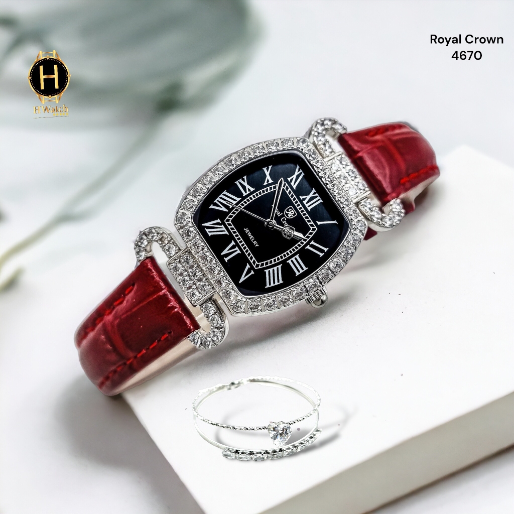 Đồng Hồ Nữ Royal Crown Quartz 4670 Da Đỏ Mặt Trắng