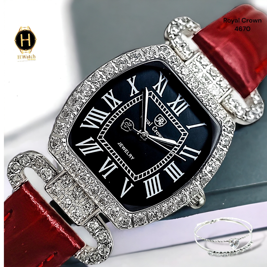 Đồng Hồ Nữ Royal Crown Quartz 4670 Da Đỏ Mặt Trắng
