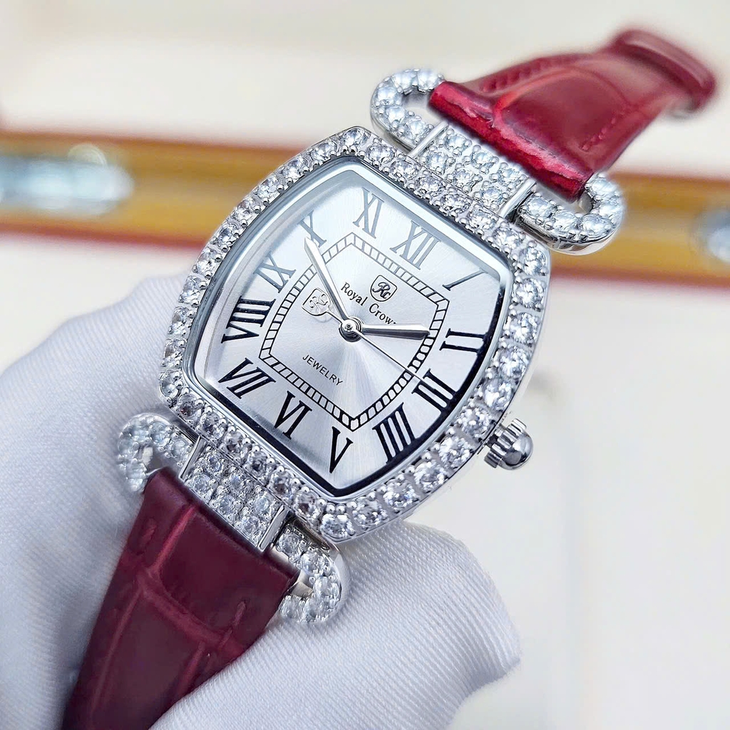 Đồng Hồ Nữ Royal Quartz 4670 Da Đỏ Mặt Trắng