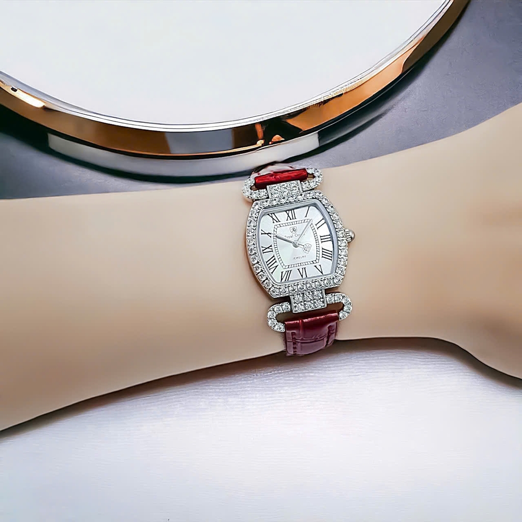 Đồng Hồ Nữ Royal Quartz 4670 Da Đỏ Mặt Trắng