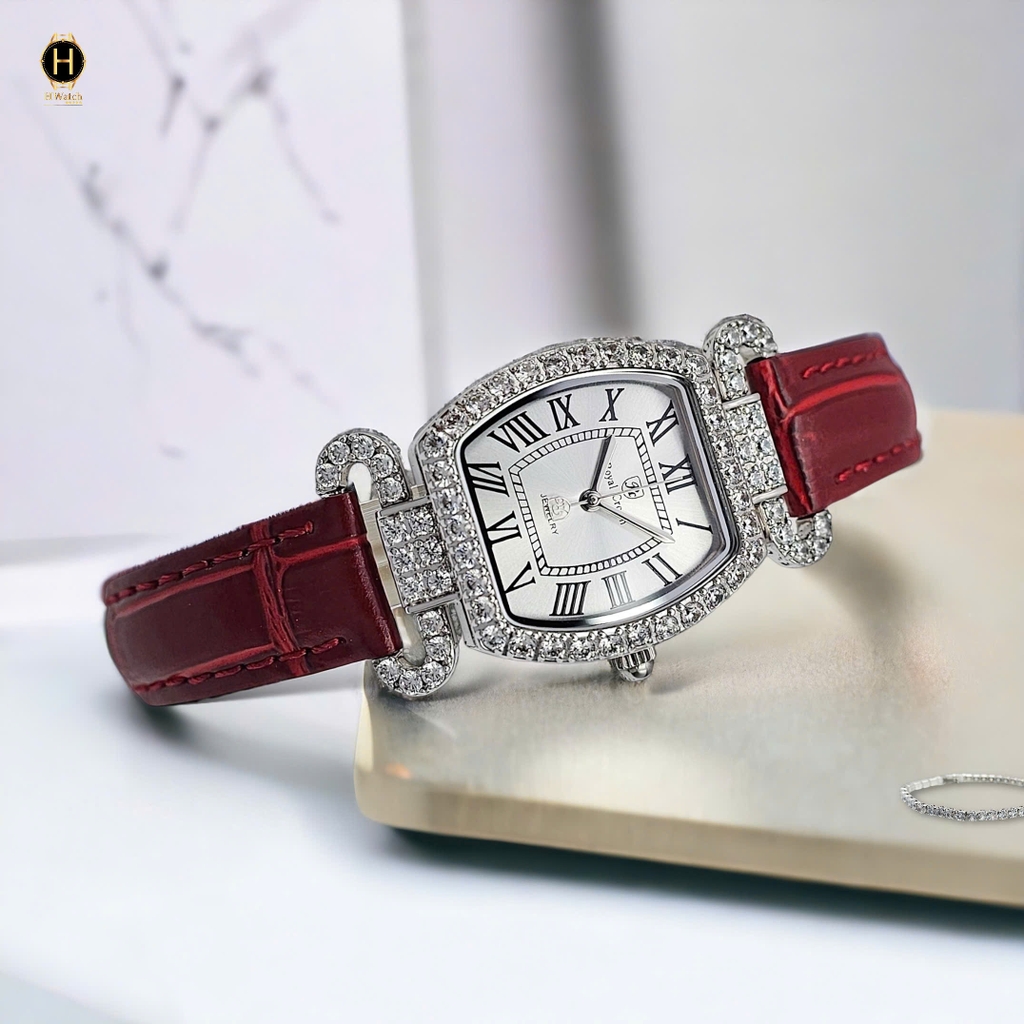 Đồng Hồ Nữ Royal Quartz 4670 Da Đỏ Mặt Trắng