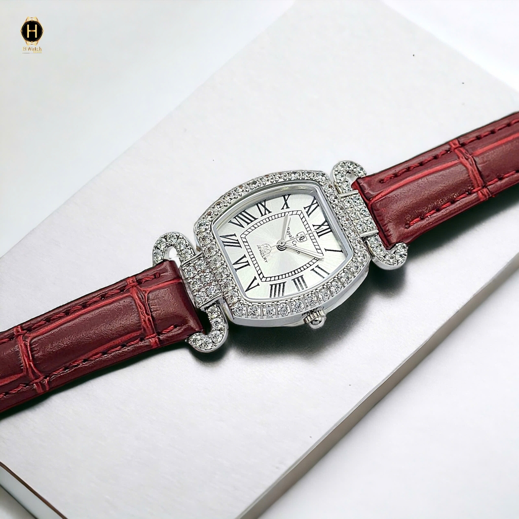 Đồng Hồ Nữ Royal Quartz 4670 Da Đỏ Mặt Trắng