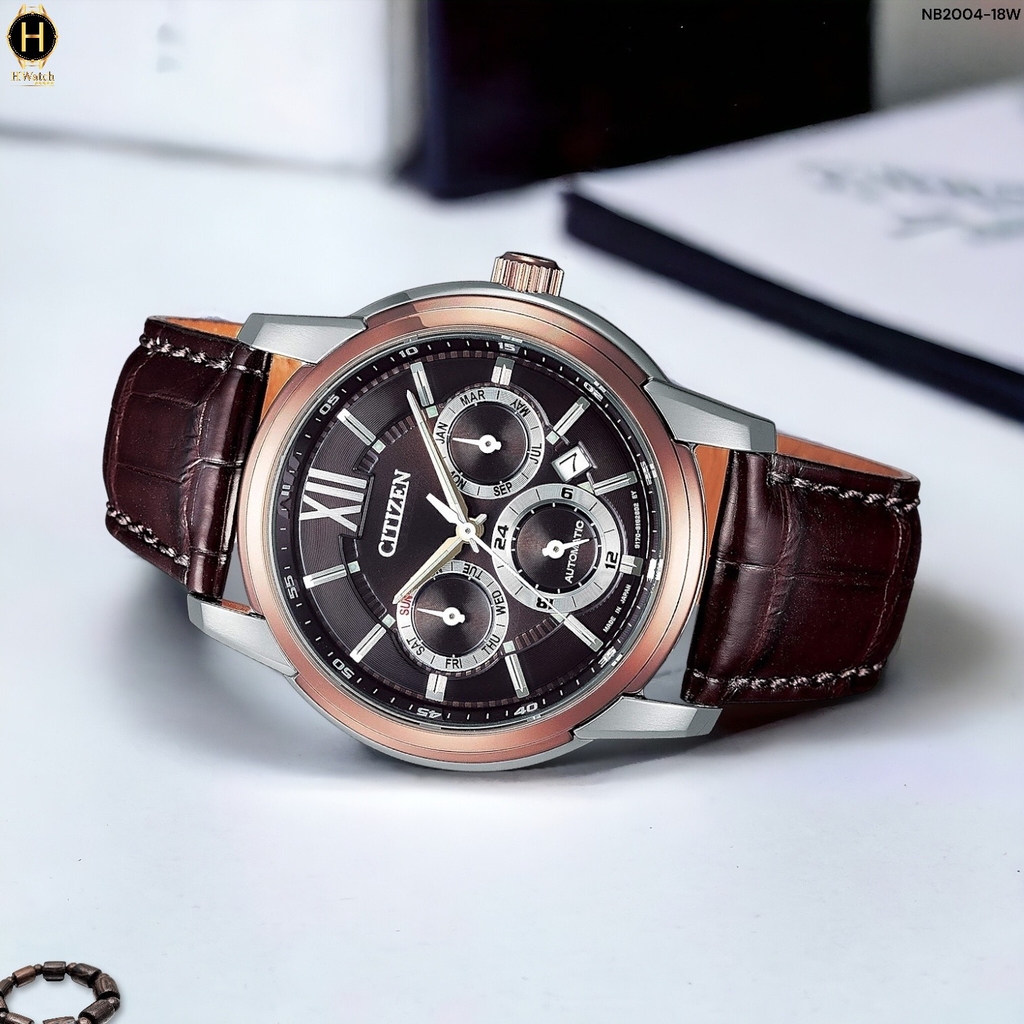 Đồng Hồ Nam Citizen Automatic Collection Mechanical Multi-Hands NB2004-18W  Dây Da Nâu Mặt Nâu