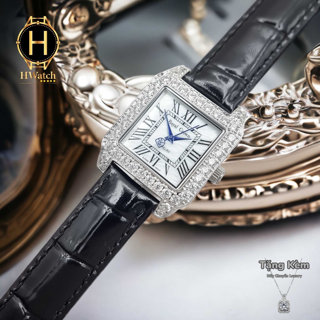 Đồng Hồ Nữ Royal Crown Quartz 6104M Dây Da Vỏ Trăng Mặt Trắng Viền Đá