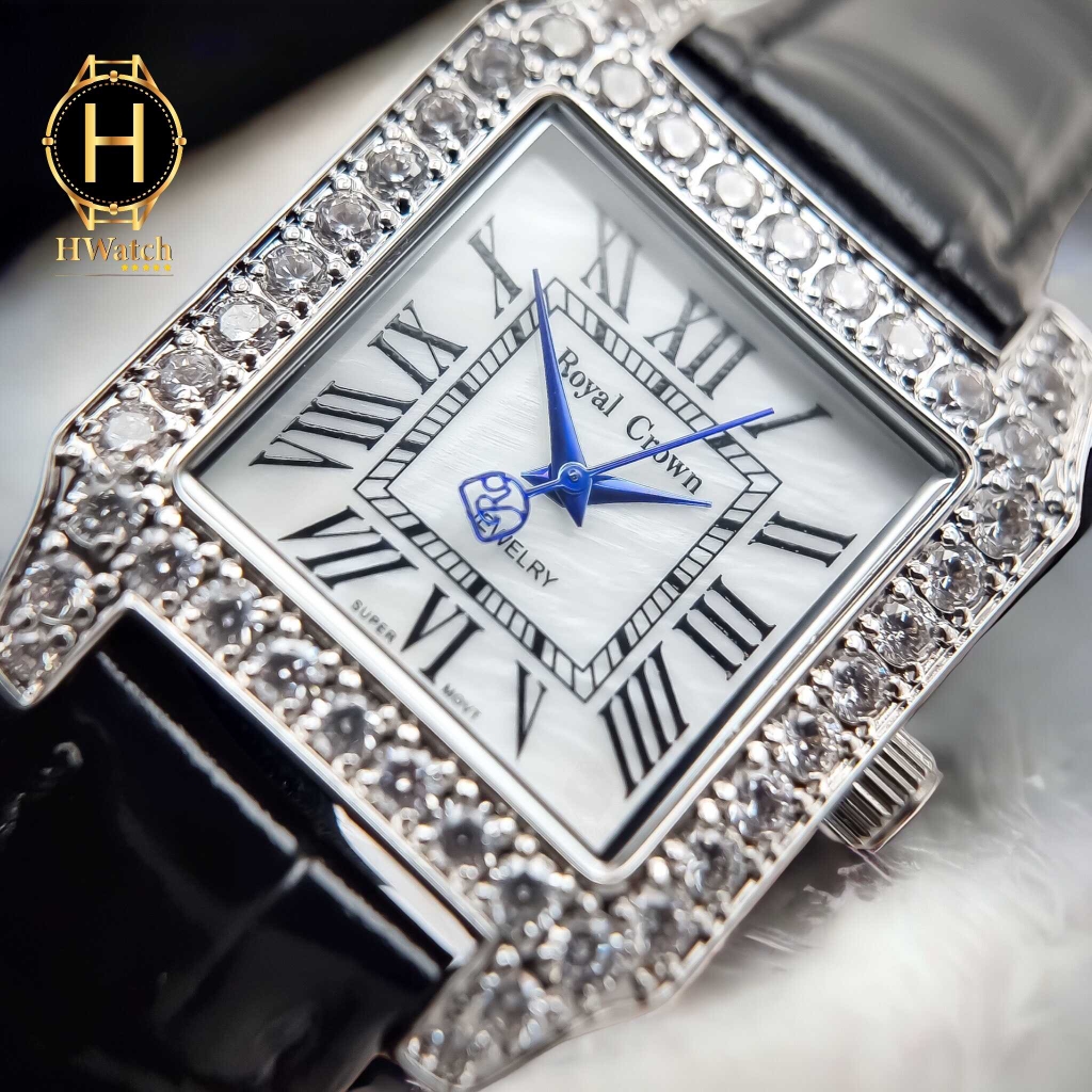 Đồng Hồ Nữ Royal Crown Quartz 6104M Dây Da Vỏ Trăng Mặt Trắng Viền Đá