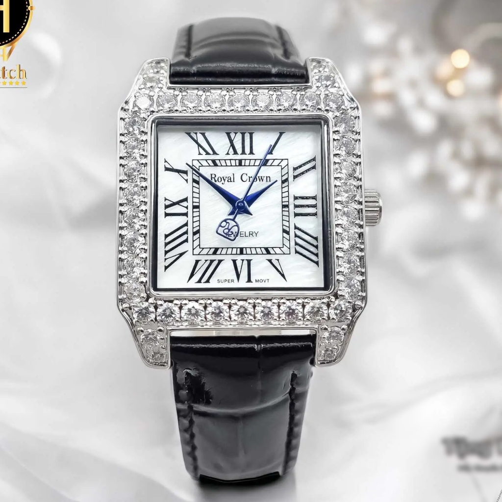 Đồng Hồ Nữ Royal Crown Quartz 6104M Dây Da Vỏ Trăng Mặt Trắng Viền Đá