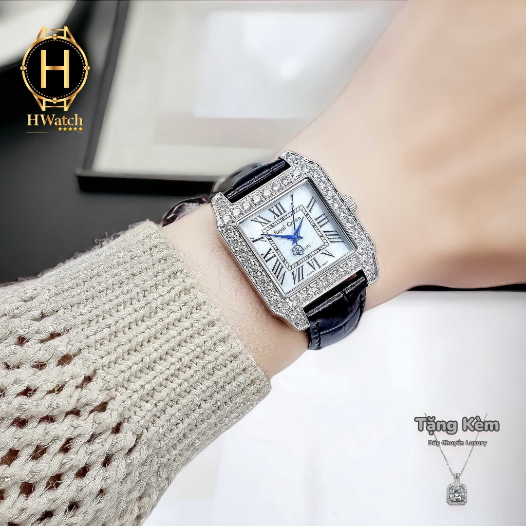 Đồng Hồ Nữ Royal Crown Quartz 6104M Dây Da Vỏ Trăng Mặt Trắng Viền Đá