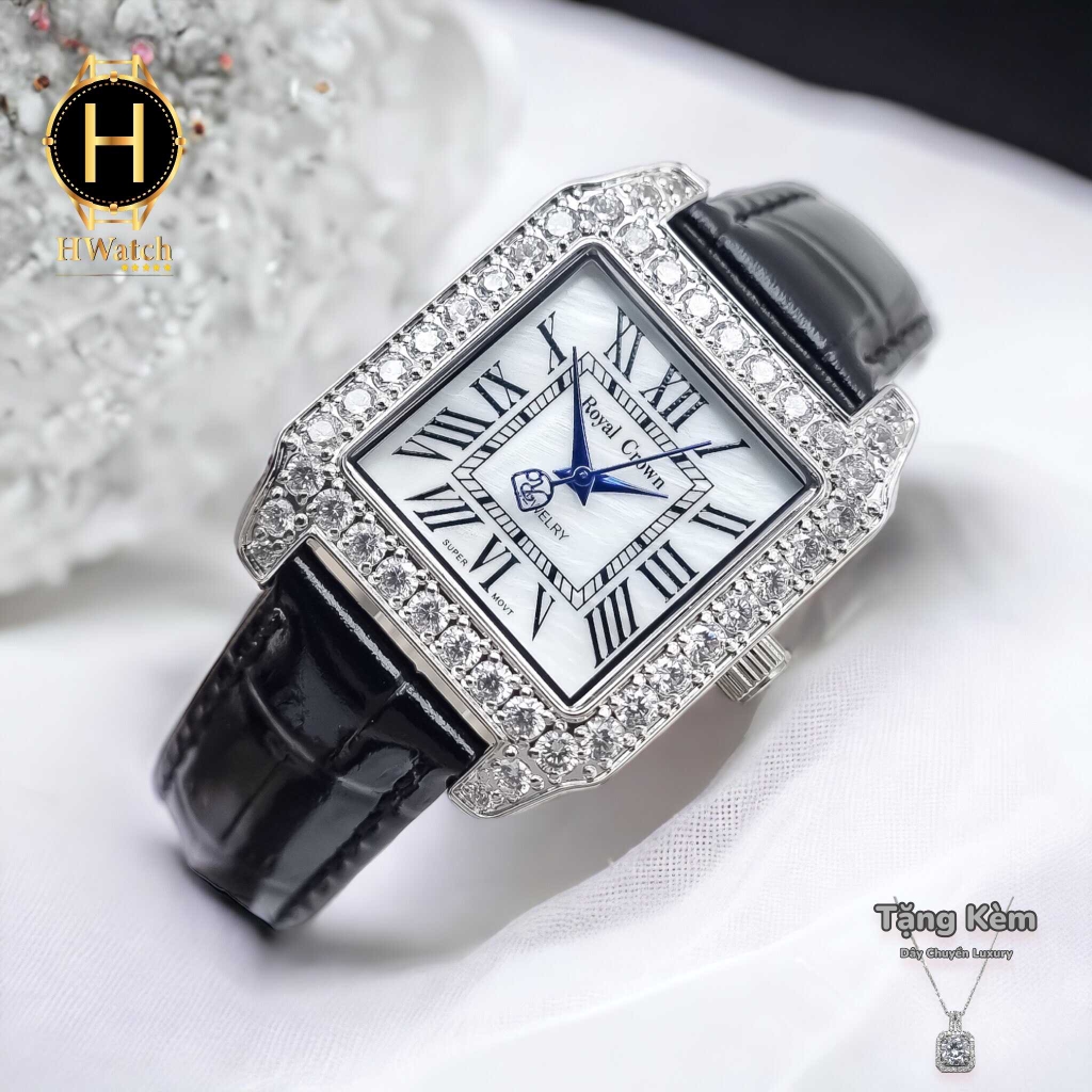 Đồng Hồ Nữ Royal Crown Quartz 6104M Dây Da Vỏ Trăng Mặt Trắng Viền Đá
