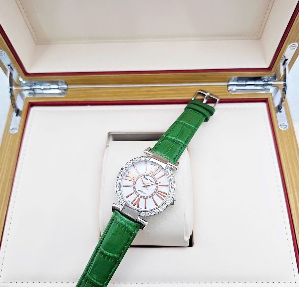 Đồng Hồ Nữ Royal Crown Quartz 6116 Dây Da Xanh lá