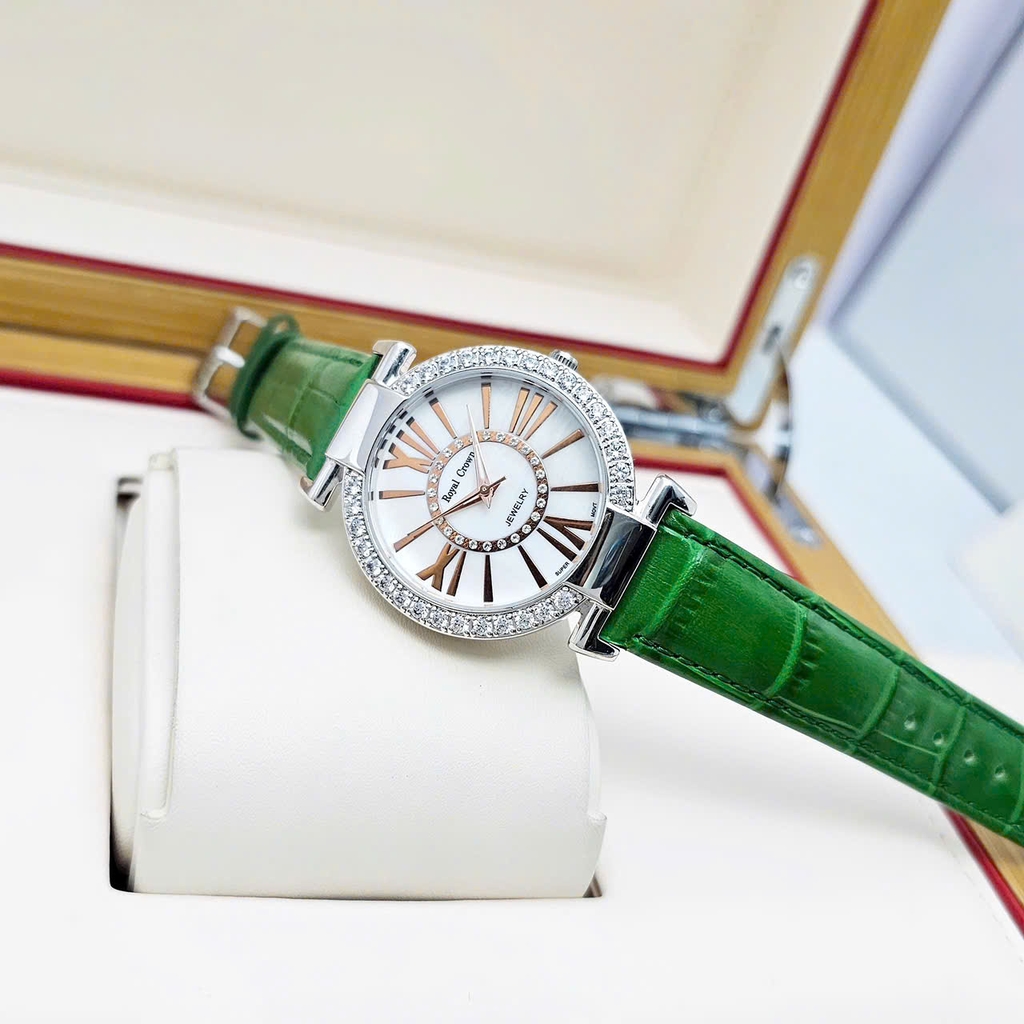 Đồng Hồ Nữ Royal Crown Quartz 6116 Dây Da Xanh lá