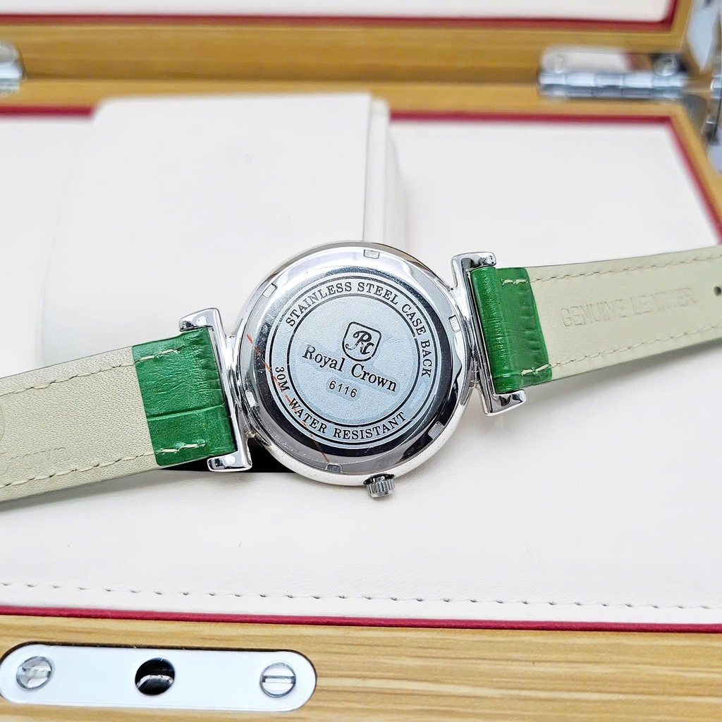 Đồng Hồ Nữ Royal Crown Quartz 6116 Dây Da Xanh lá