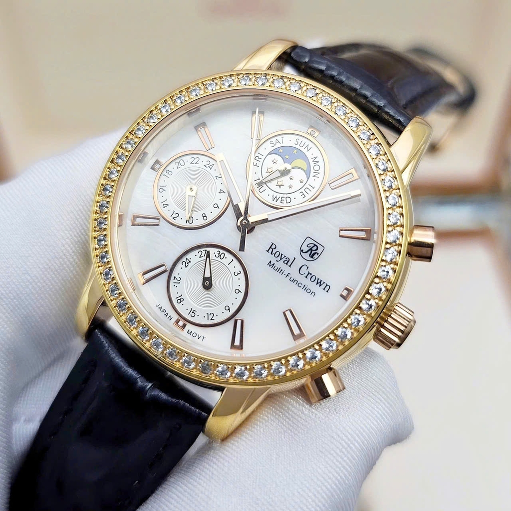 Đồng Hồ Nữ Royal Quartz 6420 Dây Da Đen Mặt Trắng Viền Đá