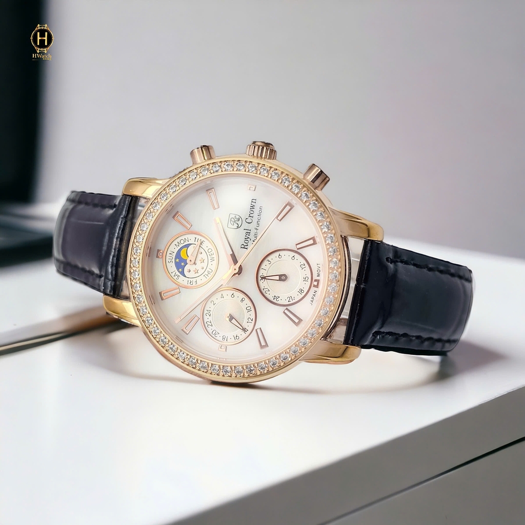 Đồng Hồ Nữ Royal Quartz 6420 Dây Da Đen Mặt Trắng Viền Đá