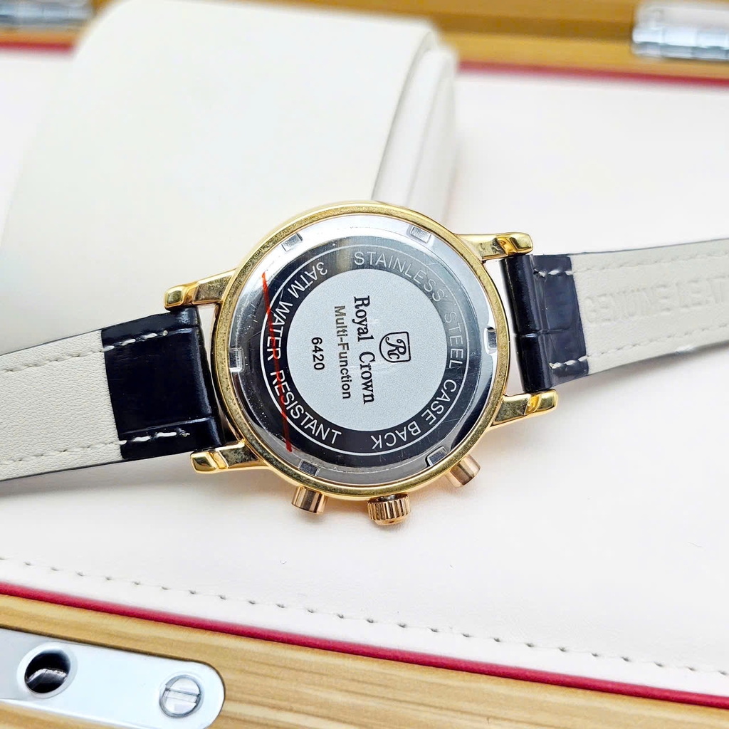 Đồng Hồ Nữ Royal Quartz 6420 Dây Da Đen Mặt Trắng Viền Đá