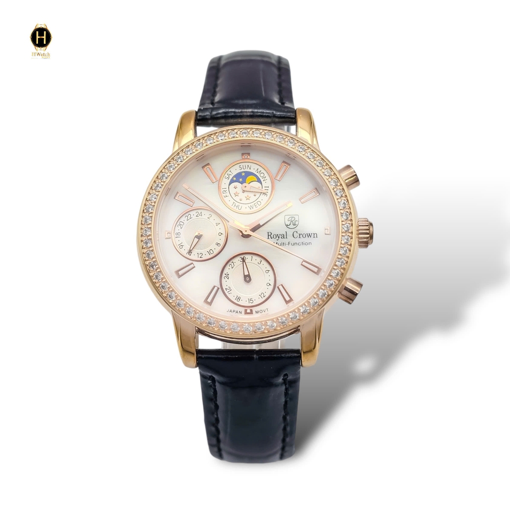 Đồng Hồ Nữ Royal Quartz 6420 Dây Da Đen Mặt Trắng Viền Đá