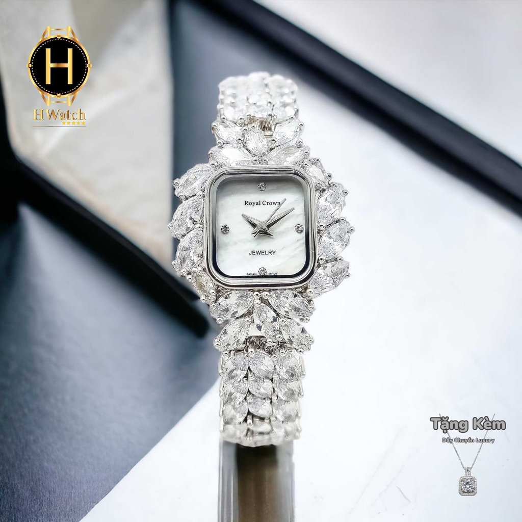 Đồng Hồ Nữ Royal Quartz 6522 Dây Thép Trắng Mặt Trắng Viền Đá Nổi Bật