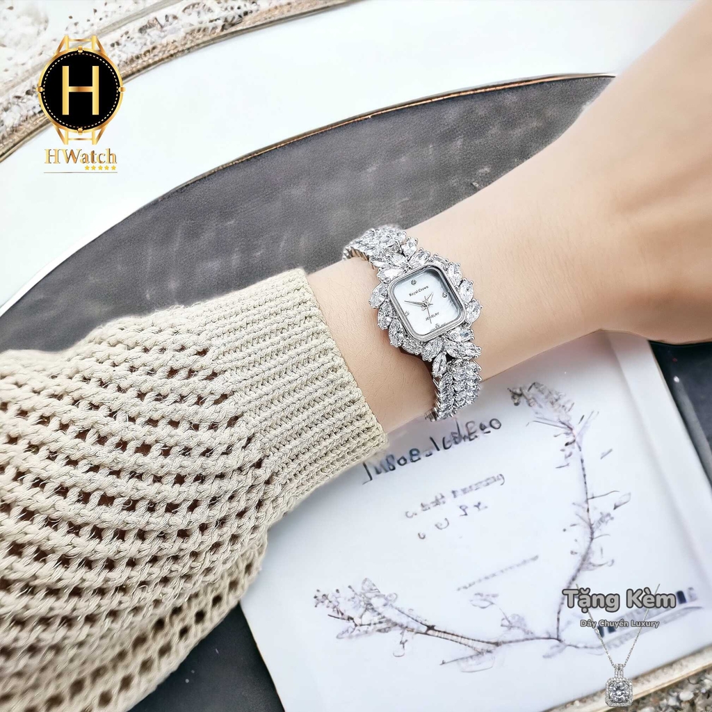 Đồng Hồ Nữ Royal Quartz 6522 Dây Thép Trắng Mặt Trắng Viền Đá Nổi Bật
