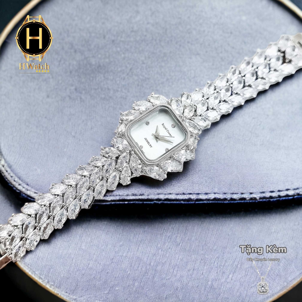 Đồng Hồ Nữ Royal Quartz 6522 Dây Thép Trắng Mặt Trắng Viền Đá Nổi Bật