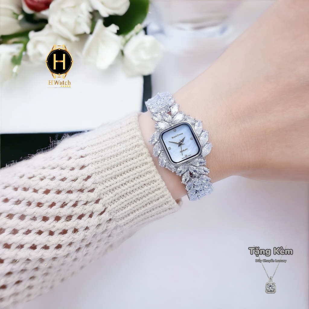 Đồng Hồ Nữ Royal Quartz 6522 Dây Thép Trắng Mặt Trắng Viền Đá Nổi Bật